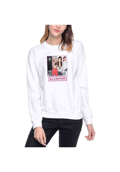 Kpop Blackpink Black Pink Collage Baskılı Beyaz Kadın Sweatshirt