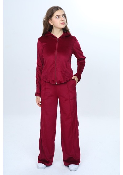 Toontoy Kids Toontoy Kız Çocuk 2'li Takım Fermuarlı Kapüşonlu Cepli Sweatshirt & Beli Lastikli Bol Paça Cepli Eşofman Altı - Şerit Detaylı & Kadife Bordo