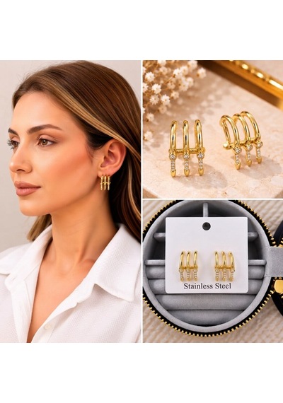 Premium Parlak Ve Şık Gold Renk Üçlü Taş Detaylı Halka Kadın Çelik Küpe Altın
