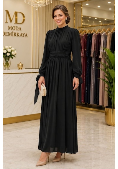 Dorne Moda Lila Büzgülü Ve Pileli Şifon Astarlı Nişan Ve Mezuniyet Elbisesi Siyah Siyah
