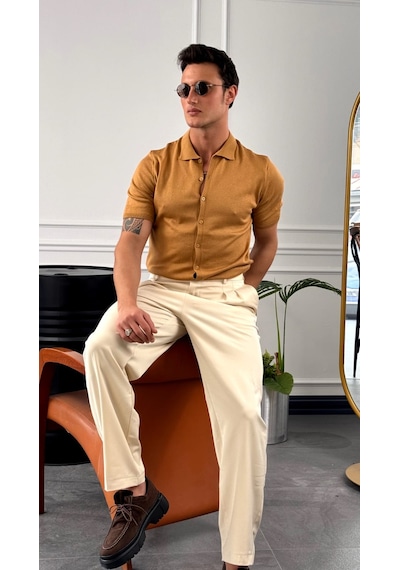 Modefendi Slim Fit Polo Yaka Triko Pamuk Kısa Kollu Gömlek Taba
