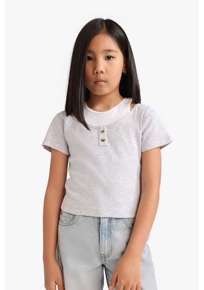 DeFacto Kız Çocuk Cropped Fit Bisiklet Yaka Ribana Kısa Kollu Tişört E1830A825SMGR421 Gri