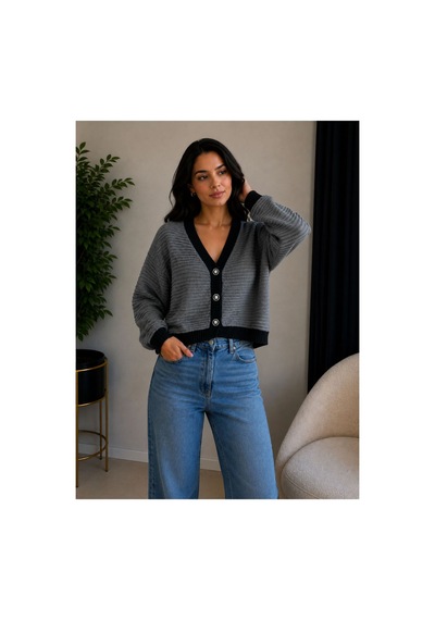 Hira Life Fashion Kadın V Yaka Düğmeli Şeritli Kısa Crop Ceket-hırka Antrasit Antrasit