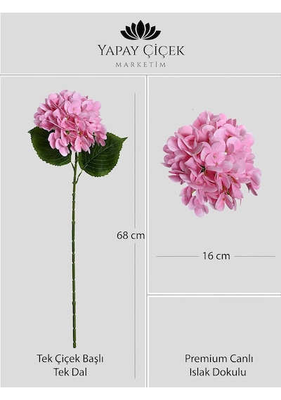Pembe Yapay Ortanca Çiçeği Tek Dal Premium Canlı Islak Dokulu 68 Cm