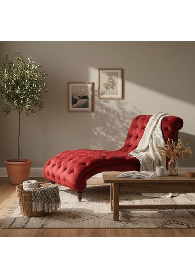 Queen Kadife Chesterfield Dinlenme Koltuğu - Kırmızı