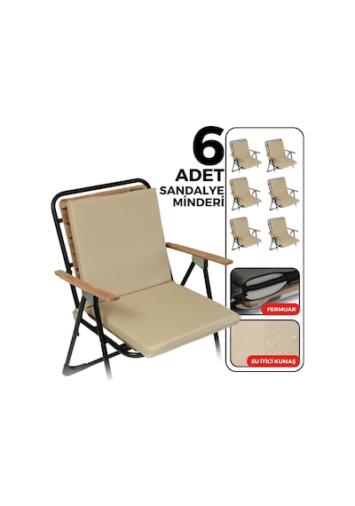 6'li Arkalıklı Sandalye Minderi Su Yağ İtici Sırtlıklı Fermuarlı Bağcıklı Yıkanabilir Balkon Bahçe 40x40 Be Diğer
