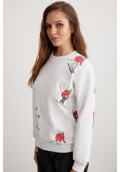 Ethıquet Cloudy Kadın İçi Polarlı Yumuşacık Yuvarlak Yaka Rahat Kesim Baskılı Beyaz Sweatshirt