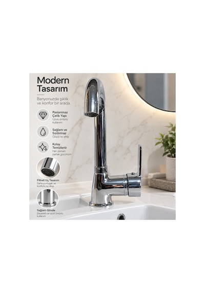 Krom Lavabo Bataryası 360 Döner Gövdeli Tek Kollu Lavabo Musluğu Şık Modern Tasarım Gümüş