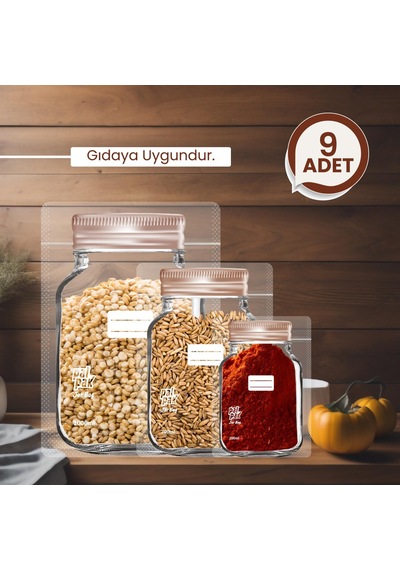 Bakır Metal Kapaklı Kavanoz Görünümlü Saklama Poşeti 9 Adet 3 Büyük, 3 Orta, 3 Küçük