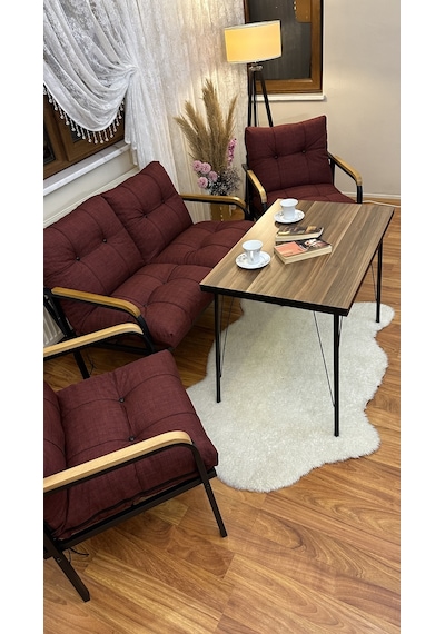 Modern Van Balkon, Bahçe, Cafe - Metal Kanepe Koltuk Takımı - 2+1+1 + Masa Bordo Modernb1 Bordo