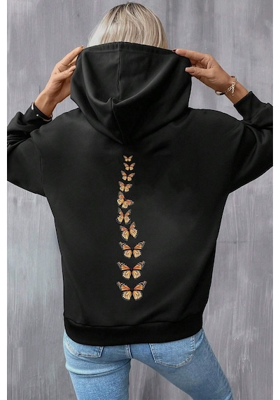 Uyguntarz Unisex Oversize Sırt Kral Kelebek Baskılı Sweatshirt siyah