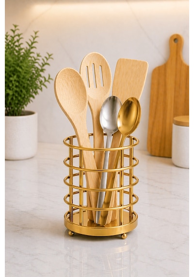 Gold Metal Kaşıklık Tezgah Üstü Kaşık Standı, Mutfak Organizer, Ayaklı Kaşık Tutucu Altın