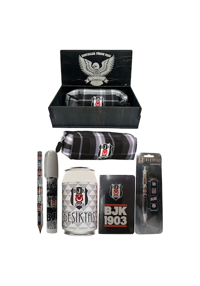 Beşiktaş Orjinal Lisanslı Beyaz Kutu Kalemtraş Ahşap Kutulu 6'lı Kırtasiye Seti Kırmızı - Siyah