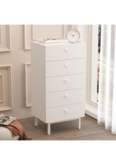 Robinhome Rhode Şifonyer 5 Çekmeceli Ahşap Ayaklı Beyaz
