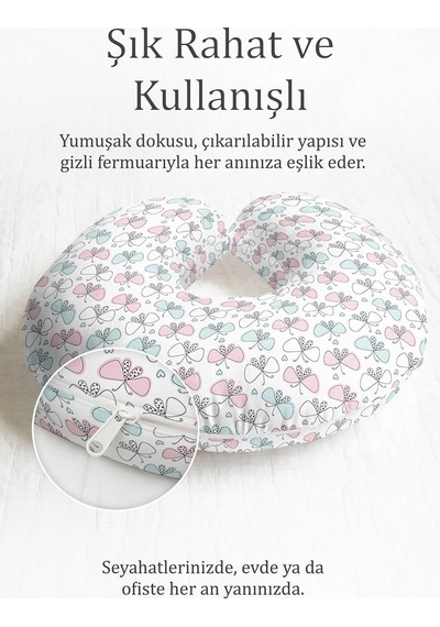 Kelebek Desenli Pamuklu Boyun Yastığı - Pastel Pembe Mavi Yumuşak Seyahat Yastığı Açık Deniz Krem Bej