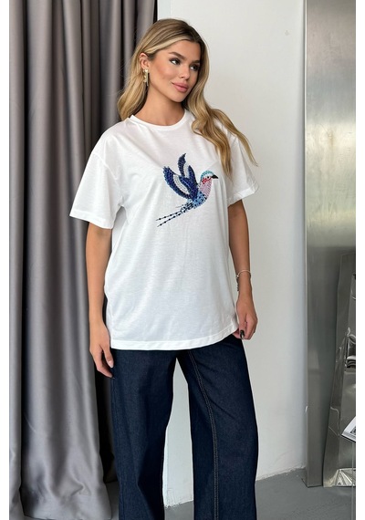 Kadın Bisiklet Yaka Taşlı Kuş Desenli T-shirt Beyaz - 5105