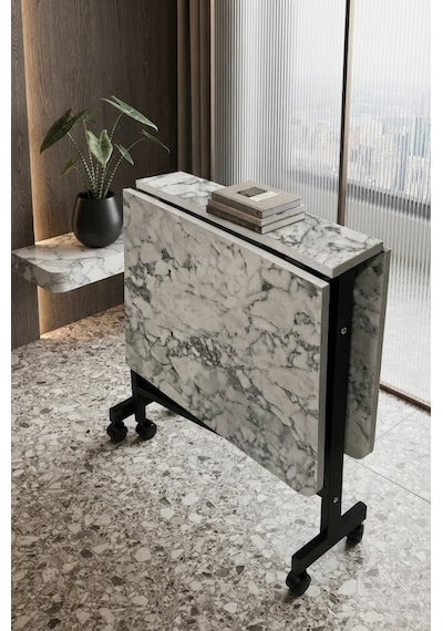 Teknor Kelebek Katlanır Ahşap Masa Mermer Desenli 60x120 Beyaz
