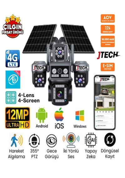 O-kam Ok-331 Premium 4g 12mp 4g Sim Kartlı Solar Panelli 4 Lens 1 Ptz Akıllı Kamera