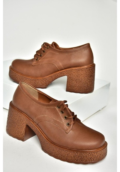 Fox Shoes T996154009 Taba Kalın Topuklu Bağcıklı Kadın Ayakkabı Taba