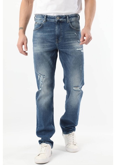 Erkek Yırtık Detaylı Jean Pantolon Mavi 001