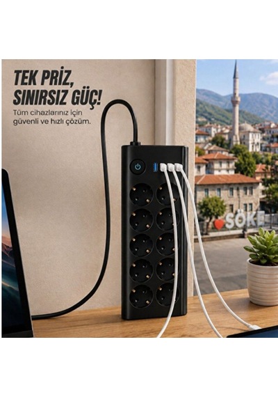 10 Lu Akım Korumalı Priz 3680w 3 Usb-a + 1 Type-c Hızlı Şarj 2 Metre Kablo 0 - 2 M