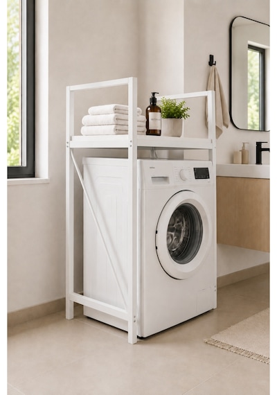 Lifos Beyaz Raflı Çamaşır Makinesi Dolabı Kurutma Makinesi Dolabı Metal Banyo Dolabı