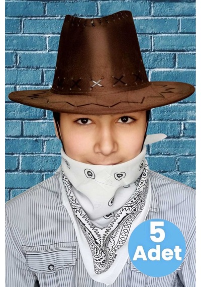 Uniquetrenders Çocuk Unisex Bandanalı 5'li Nubuk Kovboy Şapkası 8-14 Yaş Kahverengi 1
