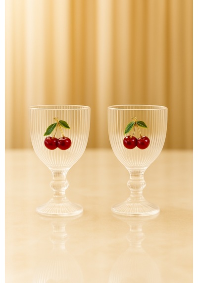 2 Li Kristal Cam Kahve Yanı Su Bardağı Kiraz Bardak Kirazlı 75ml