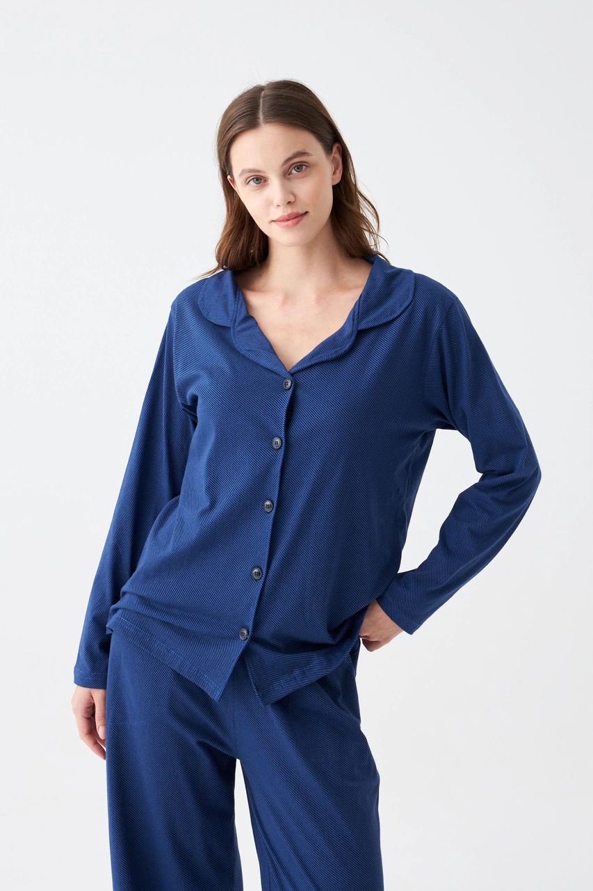 Akbeniz Kadın Lacivert Düğmeli Yaka Detaylı Pamuklu Pijama Takımı Lacivert