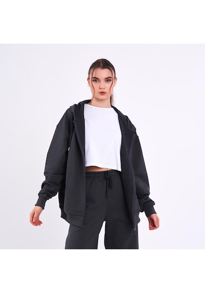MMetalic Antrasit Kanguru Cepli Kapüşonlu Fermuarlı Oversize Kadın Sweatshirt Antrasit
