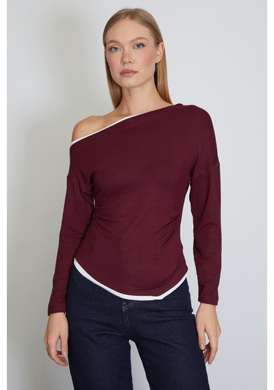Fullamoda Garnili Kayık Yaka Drapeli Asimetrik Kesim Modal Bluz Bordo