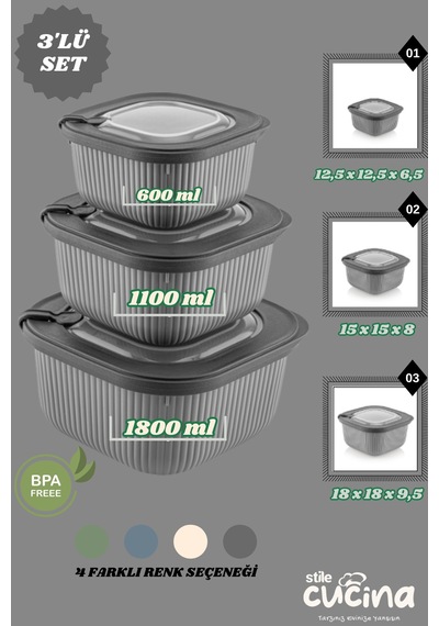 3lü Mikrodalga Ve Difriz Kullanımına Uygun Vakumlu Sızdırmaz Saklama Kabı Seti 600-1100-1800 Ml Gri