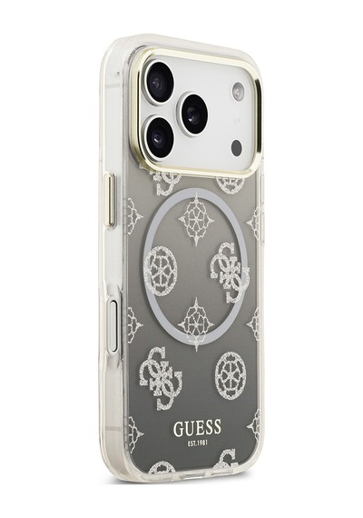 Apple Uyumlu iPhone 17 Pro  Kılıf Guess Lisanslı M-safe Özellikli Simli Peony Desenli Silikon Kapak Siyah Siyah