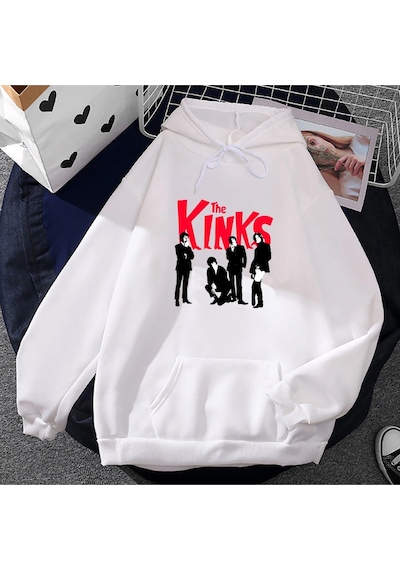 Startmore Beyaz Unisex Kinderas Rock Band Kinks Baskı Rahat Yumuşak Kapşonlu Hip Deras Hip Hop Beyaz