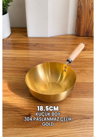 18.5cm Gold Tava Küçük - Japon Stil Gold Wok Tava - Tam Yuvarlak Tava - 304 Paslanmaz Çelik Profesyonel Ahşap Saplı
