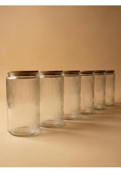 Bambu Vakum Kapaklı Cam Saklama Kabı, Şeffaf, 1500 Ml, 16cm Yükseklik, 11cm Genişlik, 6'li Set