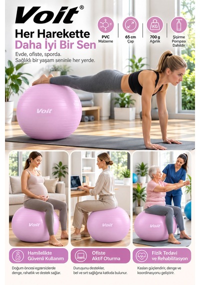 65 cm Pilates Topu Pompa Dahil Fitness ve Denge Egzersiz Topu Lila