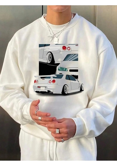 Adrift Car Print Drop Shoulder Sweatshirt Beyaz Beyaz