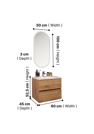Kobos Simple 60 Cm Çekmeceli Banyo Dolabı Seti Light Walnut Ahşap Kobos Simple 60 Cm Çekmeceli Banyo Dolabı Seti Light Walnut Ahşap