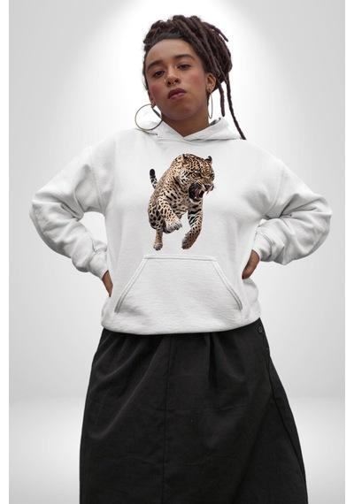 Jaguar Sırtından Çıkan Kadın Erkek Beyaz Kapüşonlu Sweatshirt Hoodie Beyaz