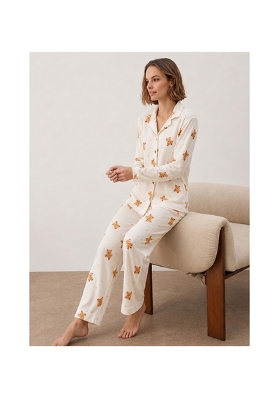 Fit Women Kadın Gömlek Yakalı Uzun Kollu Beyaz Pijama Seti