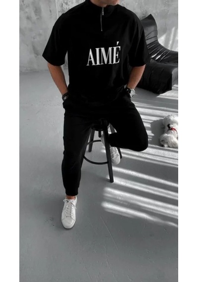 Veraura Lifestyle Unisex Yarım Fermuarlı Baskılı T-shirt - Siyah