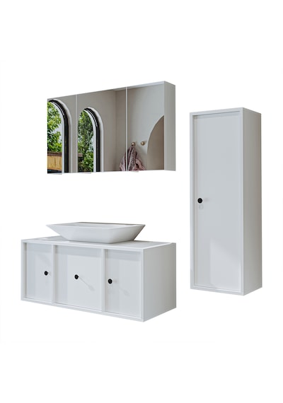 Çanak Lavabolu Mat Mdf 105 Cm Alt Dolabı + Aynalı Dolap Beyaz Mat Beyaz