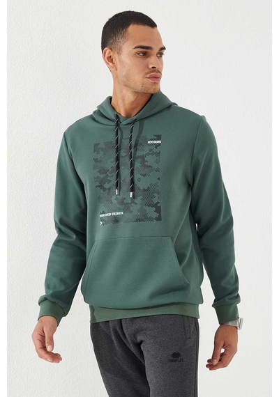 Tommy Life Yeşil Kamuflaj Desen Baskılı Standart Kalıp Kapüşonlu Erkek Sweatshirt - 87884 Yeşil