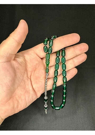 Ateş Kehribar Tesbih Kapsül Kesim Yeşil Renk 10mm X 7mm T-545