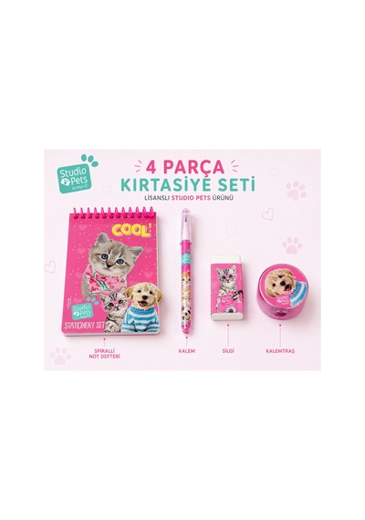 Lisanslı Studio Pets 4 Parça Kırtasiye Seti Defter Kalem Silgi Kalemtıraş Kedi Köpek Desenli - 9009511936663