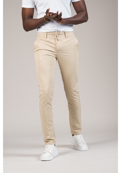 Advante Slimfit Dokulu Dar Paça Beli Lastikli Ve İplikli Yazlık Jogger Pantolon Krem