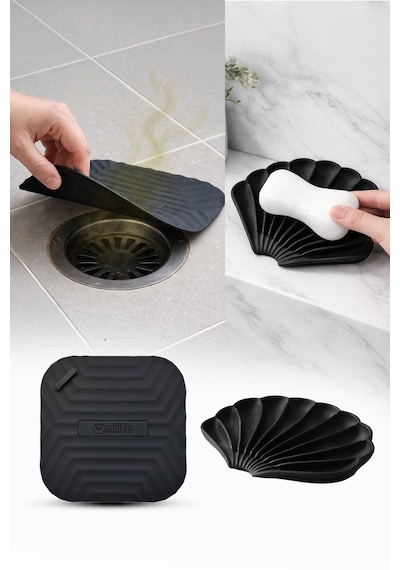 2'li Siyah Silikon Gider Kapağı Ve İstiridye Sabunluk Seti Su Giderli Banyo Mutfak Organizer