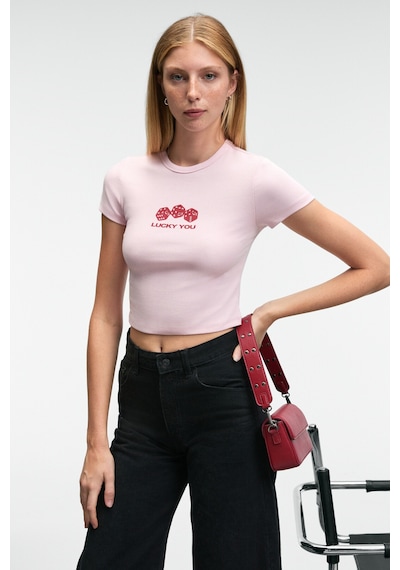 ETHIQUET NOVE E Kadın Bisiklet Yaka Kısa Kollu Önü Baskılı Crop Pembe T-Shirt