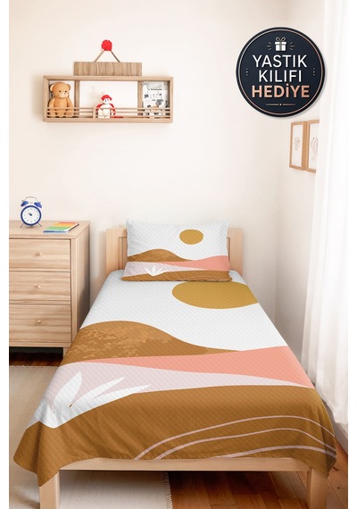 Geometrik Modern Hardal Genç Odası Tek Kişilik Pike Takımı-pudra Bej 160x220cm Kapitone Yatak Örtüsü Gizli Pencere Ufku